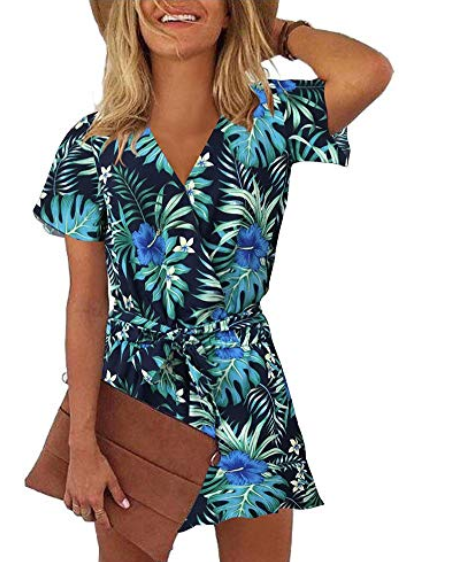 REORIA Womens Summer V Neck Ruffles Short Sleeve Belted Wrap Short Jumpsuit Rompers